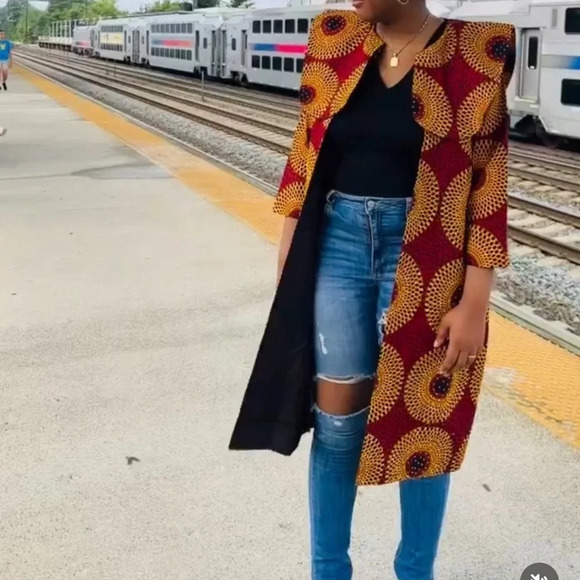 Vintage  Luxury Ankara patterned studded cape open jacket Sz L - Picture 5 of 16